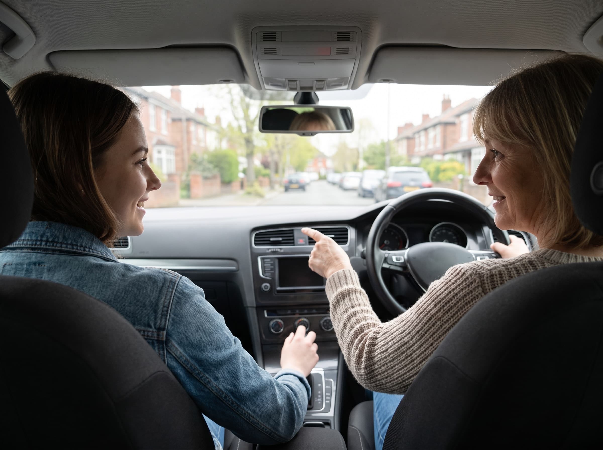 Instructor guiding a smiling learner from inside the car